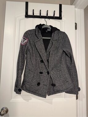 Fox Gray Double-Breasted Knit Jacket with Hood